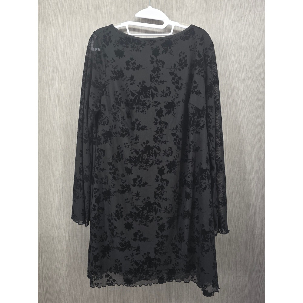 SHEIN Floral Flocked Mesh Long Flared Sleeve Black Goth Mini Dress Womens 2XL